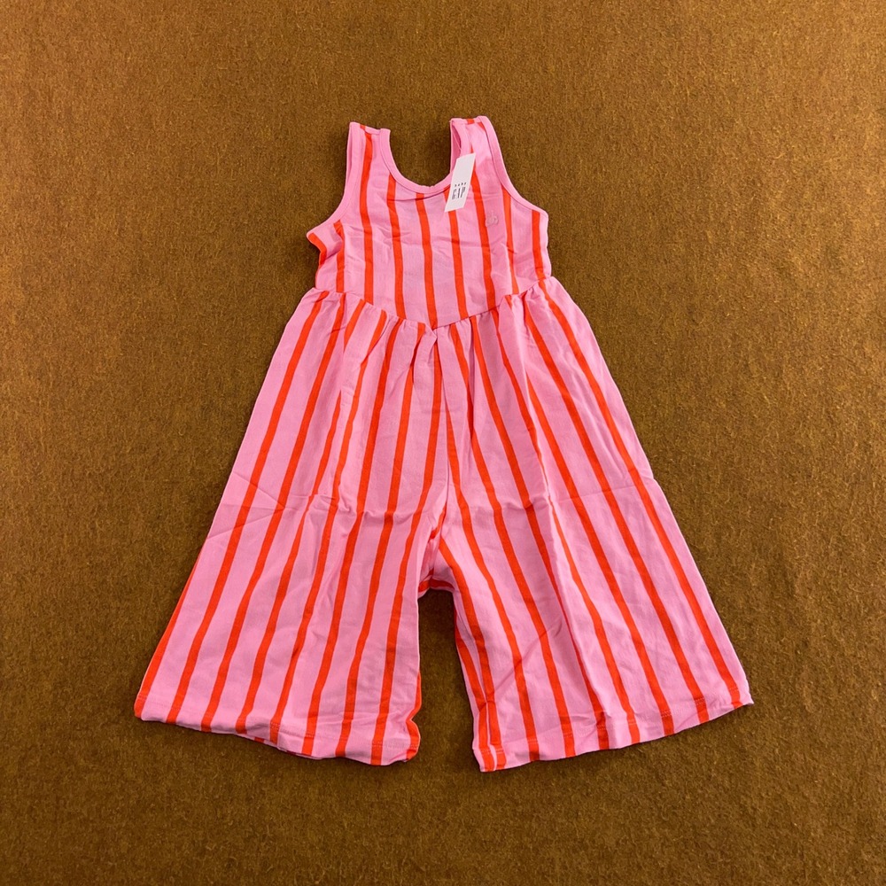 Baby Gap Toddler 4T Pink Orange Striped Bow Back Cotton Jumpsuit NWT